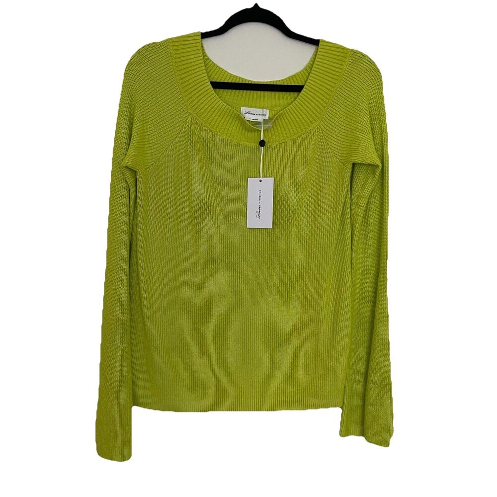 New Lovers+Friends Knit Sweater Size L Lime Green Pullover Off Shoulder Chic - Picture 2 of 7